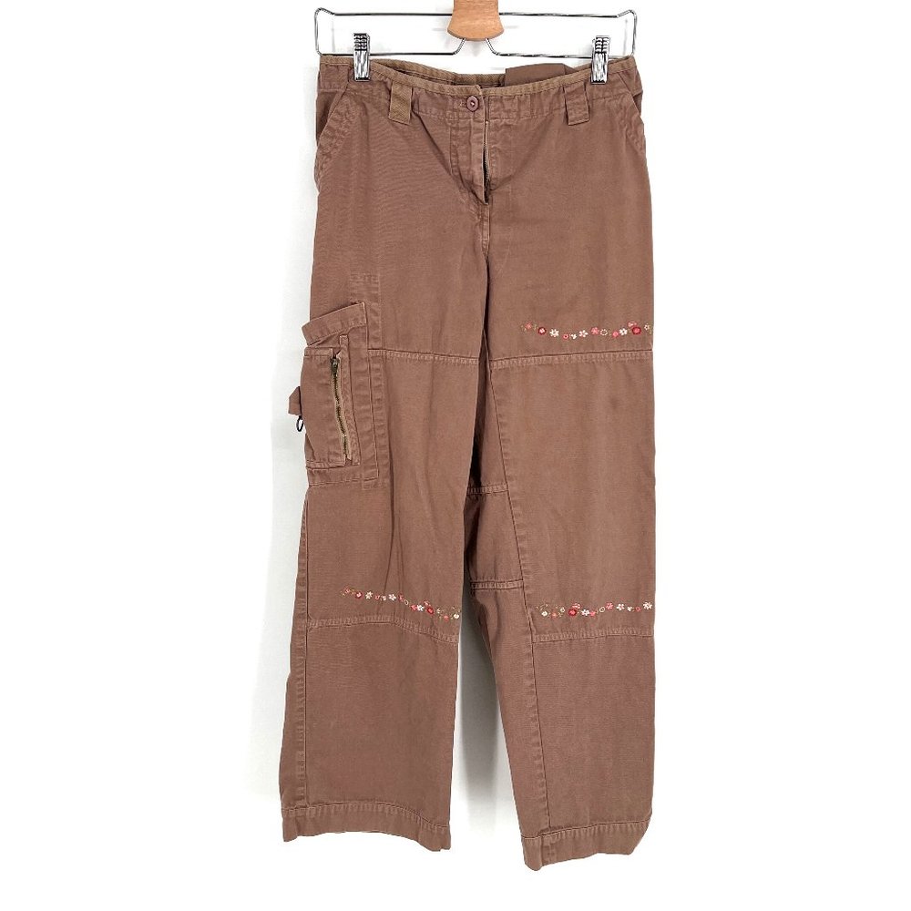 Johnny Was Brown Straight Leg Cargo Pants with Embroidered Floral Detail